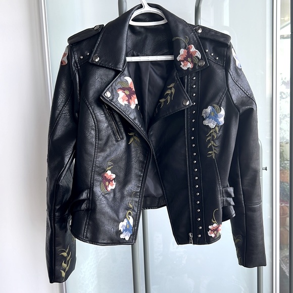 Floral Embroidered Vegan Leather Motorcycle Jacket - Picture 3 of 13